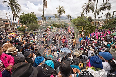 Crowd watching the reenacting of crucifixion in Ecuador Editorial Stock Photo