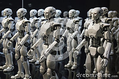 Crowd of white AI humanoid robots standing in a row. Generative AI Stock Photo