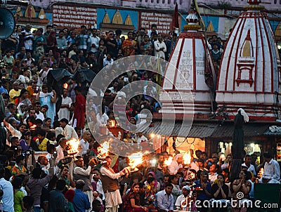 Crowd witnessing Ganga aarti Editorial Stock Photo