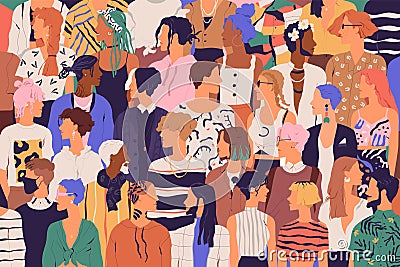 Crowd of young and elderly men and women in trendy hipster clothes. Diverse group of stylish people standing together Vector Illustration