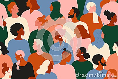 Crowd of young and elderly men and women in trendy hipster clothes. Diverse group of stylish people standing together Vector Illustration