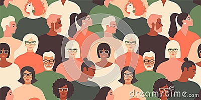 Crowd of young and elderly men and women in trendy hipster clothes. Diverse group of stylish people standing together Vector Illustration