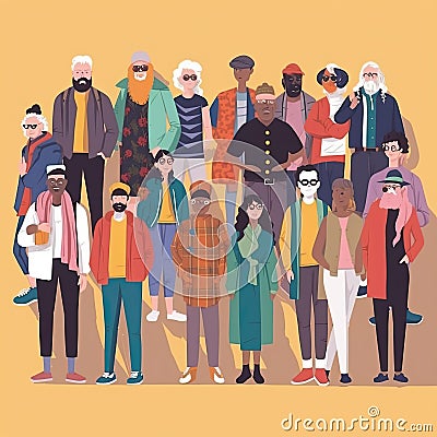 Crowd of young and elderly men and women in trendy hipster clothes.Social diversity concept. Flat cartoon illustration Stock Photo