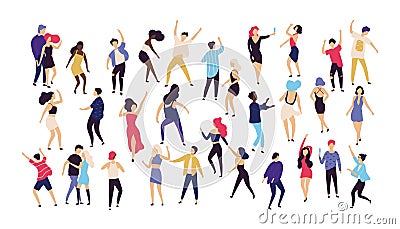 Crowd of young men and women dressed in trendy clothes dancing at club or music concert. Large group of male and female Vector Illustration