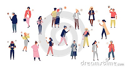 Crowd of young men and women holding smartphones and texting, talking, listening to music, taking selfie. Group of male Vector Illustration