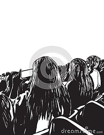 Crowd of Young People with Cellphone at a Live Concert Woodcut Style Portrait Vector Illustration