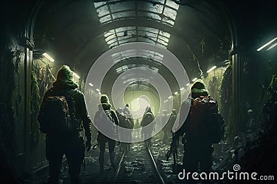 a crowd of zombies in the subway tunnel illustration Generative AI Cartoon Illustration
