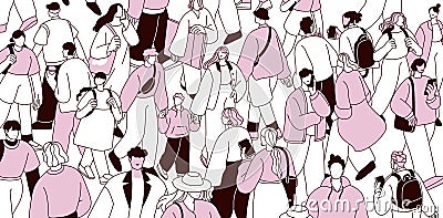 Crowded city, many people going on street. Pedestrians traffic at rush hour. Busy citizens swarm walking, hurrying on Vector Illustration