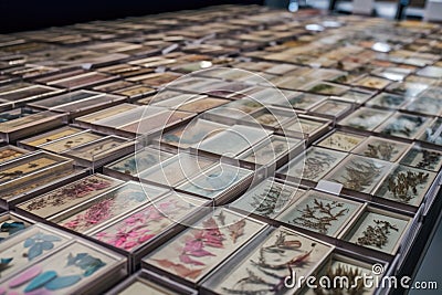 a crowded display of microscope slides, each one showcasing a different specimen or view Stock Photo