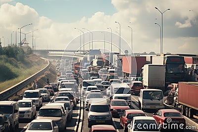 A crowded highway during rush hour with countless cars stuck in heavy traffic, Large queue of vehicles on motorway pay toll in Stock Photo