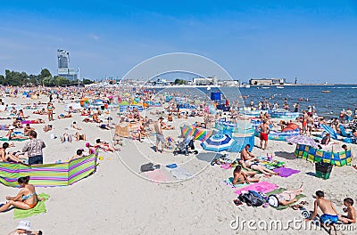 Crowded Municipal beach in Gdynia, Baltic sea, Poland Editorial Stock Photo
