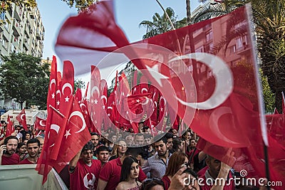 Crowded parade with Turkish flags in Adana on 19th of May Commemoration of Ataturk, Youth and Sports Day Editorial Stock Photo