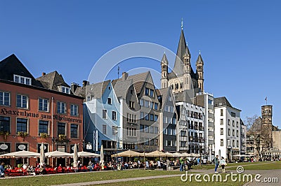 Crowded terraces on Rhine promenade, city Cologne Editorial Stock Photo