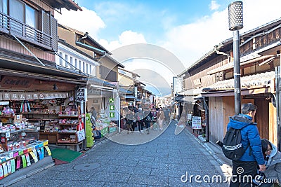 Crowded tourist on shopping street Matsubara-dori. Full of shops and restaurants near Kiyomizu-dera temple in Kyoto Editorial Stock Photo