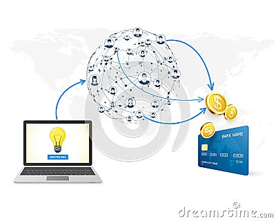 Crowdfunding concept promotion of business idea in network and collection money for launch development project. vector Vector Illustration