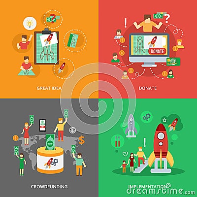 Crowdfunding Flat Set Vector Illustration