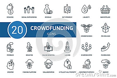 Crowdfunding icon set. Collection contain crowdfunding, creator, pre-release, fundraising and over icons. Crowdfunding Vector Illustration