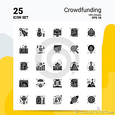 25 Crowdfunding Icon Set. 100% Editable EPS 10 Files. Business Logo Concept Ideas Solid Glyph icon design Vector Illustration