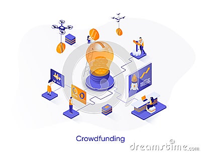 Crowdfunding isometric web banner. Fundraising, business startup investment isometry concept. Crowdfunding platform 3d scene, Cartoon Illustration