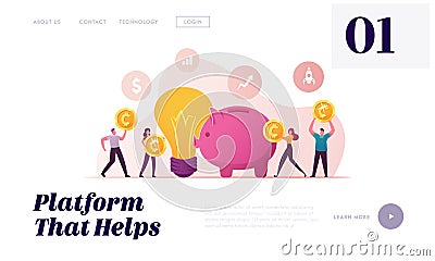 Crowdfunding Landing Page Template. Tiny People Inserting Golden Coins to Huge Piggybank and Glowing Light Bulb Vector Illustration