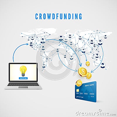 Crowdfunding. People from global network donating money for Business Idea and help develop project. vector illustration Vector Illustration