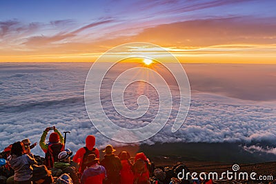 Crowds of climbers at the summit. Fuji mountain Editorial Stock Photo