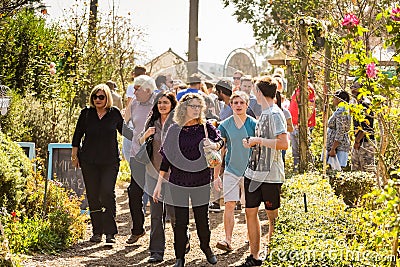 Crowds of diverse people walking through plant nursery garden at outdoor farmer`s market Editorial Stock Photo