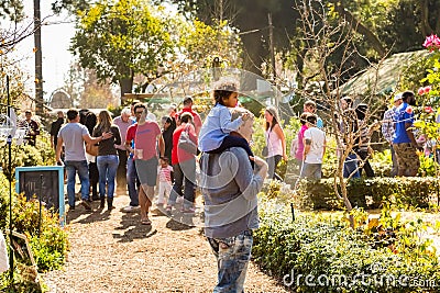 Crowds of diverse people walking through plant nursery garden at outdoor farmer`s market Editorial Stock Photo