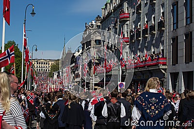 Crowds lining the street for the children`s parade on Norway`s National Day 17th of May Editorial Stock Photo