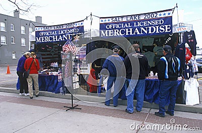 Crowds milling around Olympic merchandise stand during 2002 Winter Olympics, Salt Lake City, UT Editorial Stock Photo