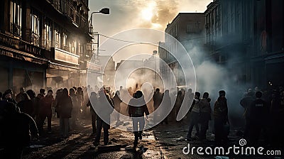 Crowds of people with burning torches in the streets Stock Photo