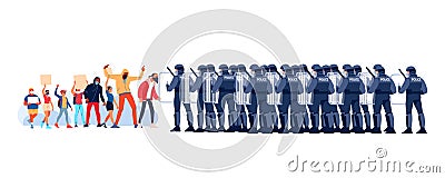 Crowds of white and black people at a demonstration for human rights. People with placards and posters. Group riot Vector Illustration