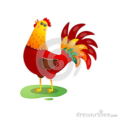 Crowing rooster on the lawn with green grass over white background Vector Illustration