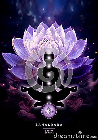 Crown chakra meditation in yoga lotus pose, in front of Sahasrara chakra symbol and mystic petals. Stock Photo