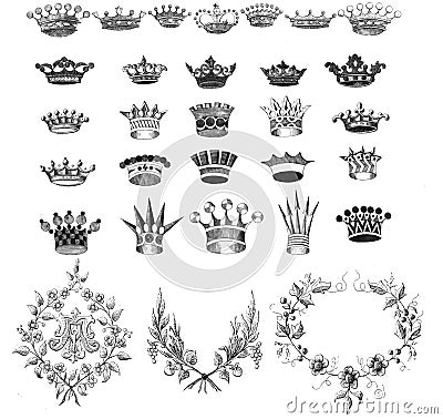 Crown Collection and laurel wreaths Stock Photo