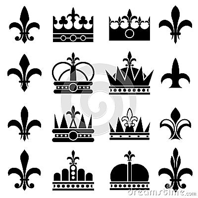 Crown and fleur de lis, lily flowers royal vector icons Vector Illustration