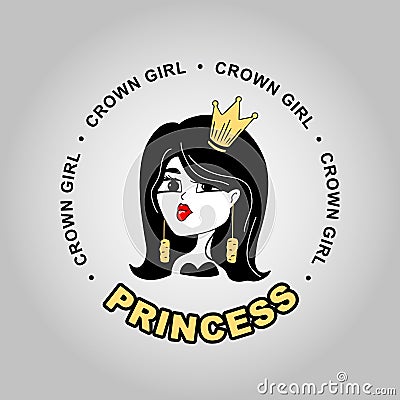 Crown girl. Princess logotype. Vector drawing of a girl`s face. Fashionable woman with a crown on her head Vector Illustration