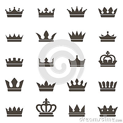 Crown icons. Queen king crowns luxury royal crowning princess tiara heraldic winner award jewel royalty monarch black Vector Illustration