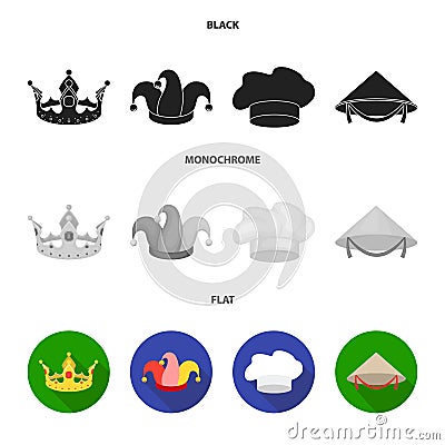 Crown, jester cap, cook, cone. Hats set collection icons in black, flat, monochrome style vector symbol stock Vector Illustration