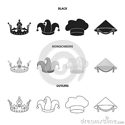 Crown, jester cap, cook, cone. Hats set collection icons in black,monochrome,outline style vector symbol stock Vector Illustration