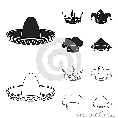 Crown, jester cap, cook, cone. Hats set collection icons in black,outline style vector symbol stock illustration web. Vector Illustration