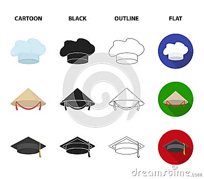 Crown, jester`s cap, cook, cone. Hats set collection icons in cartoon,black,outline,flat style vector symbol stock Vector Illustration