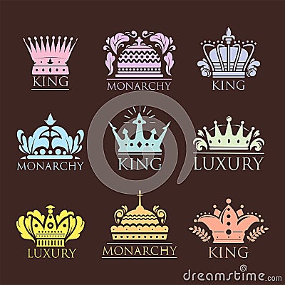 Crown king vintage premium golden badge heraldic ornament luxury kingdomsign vector illustration. Vector Illustration