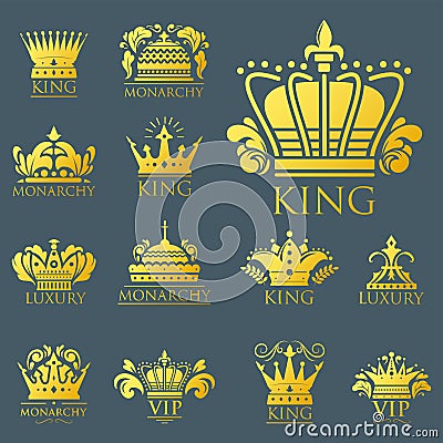 Crown king vintage premium golden badge heraldic ornament luxury kingdomsign vector illustration. Vector Illustration