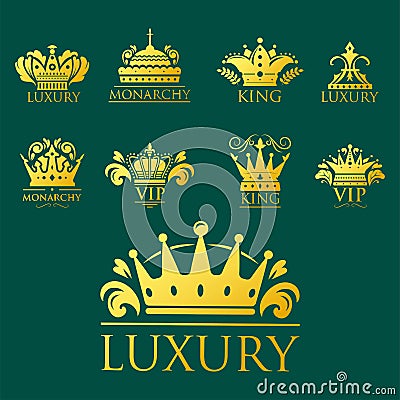 Crown king vintage premium golden badge heraldic ornament luxury kingdomsign vector illustration. Vector Illustration