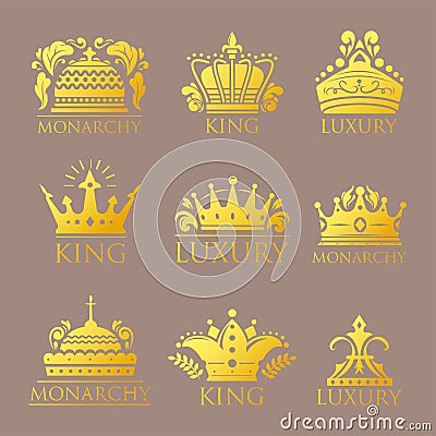 Crown king vintage premium golden badge heraldic ornament luxury kingdomsign vector illustration. Vector Illustration