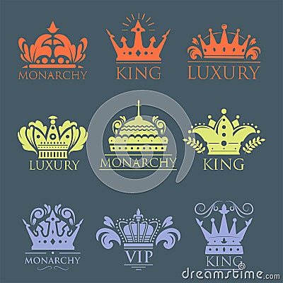 Crown king vintage premium golden badge heraldic ornament luxury kingdomsign vector illustration. Vector Illustration