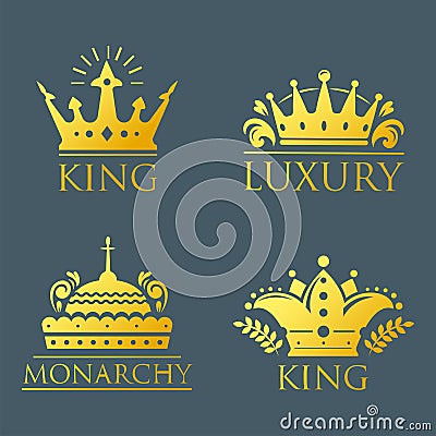 Crown king vintage premium golden badge heraldic ornament luxury kingdomsign vector illustration. Vector Illustration