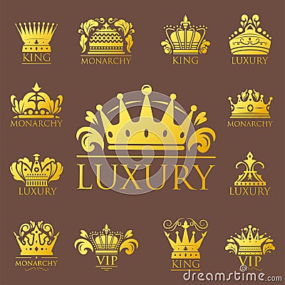 Crown king vintage premium golden badge heraldic ornament luxury kingdomsign vector illustration. Vector Illustration