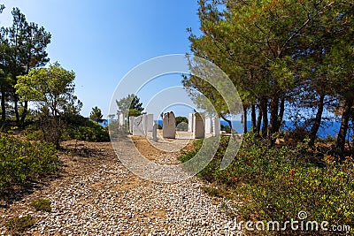 Crown in Limenaria - 12 white stones carved with the signs of the zodiac, set in a circle according to the seasons on a hill above Editorial Stock Photo